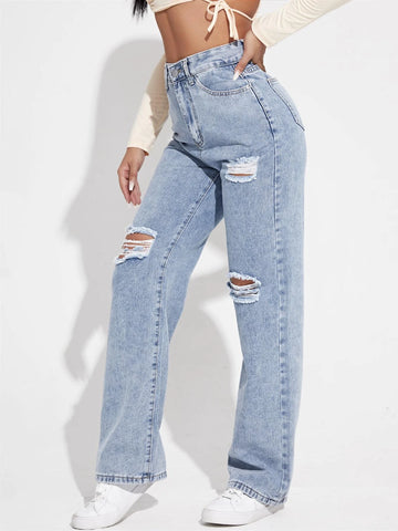 High Waist Ripped Frayed Straight Leg Jeans