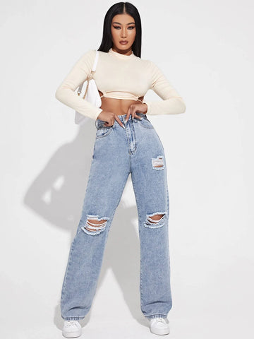 High Waist Ripped Frayed Straight Leg Jeans