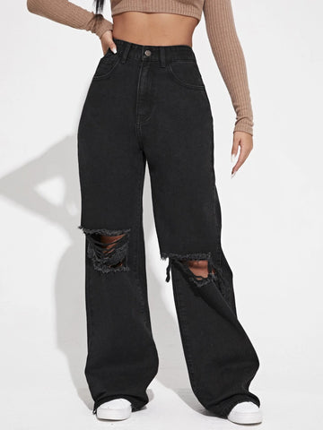 High Waist Ripped Frayed Wide Leg Jeans