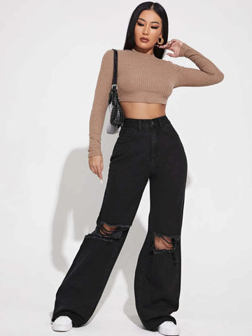 High Waist Ripped Frayed Wide Leg Jeans