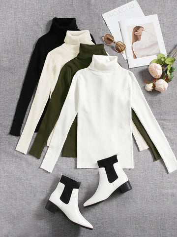 4pcs Solid Turtleneck Ribbed Knit Sweater