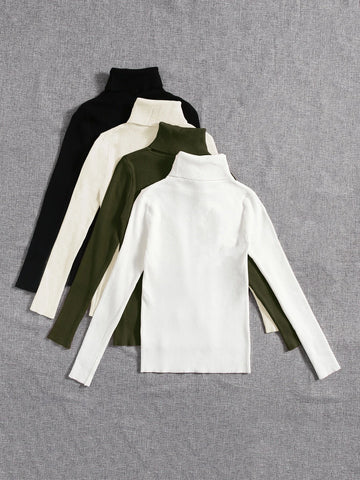4pcs Solid Turtleneck Ribbed Knit Sweater