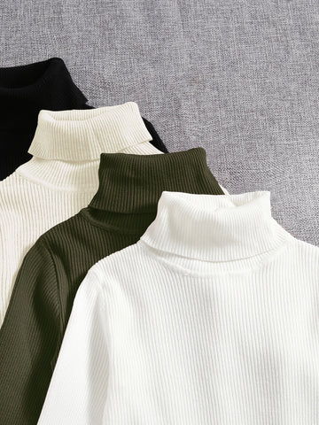 4pcs Solid Turtleneck Ribbed Knit Sweater