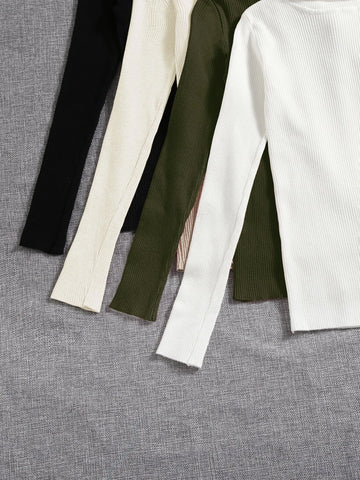 4pcs Solid Turtleneck Ribbed Knit Sweater