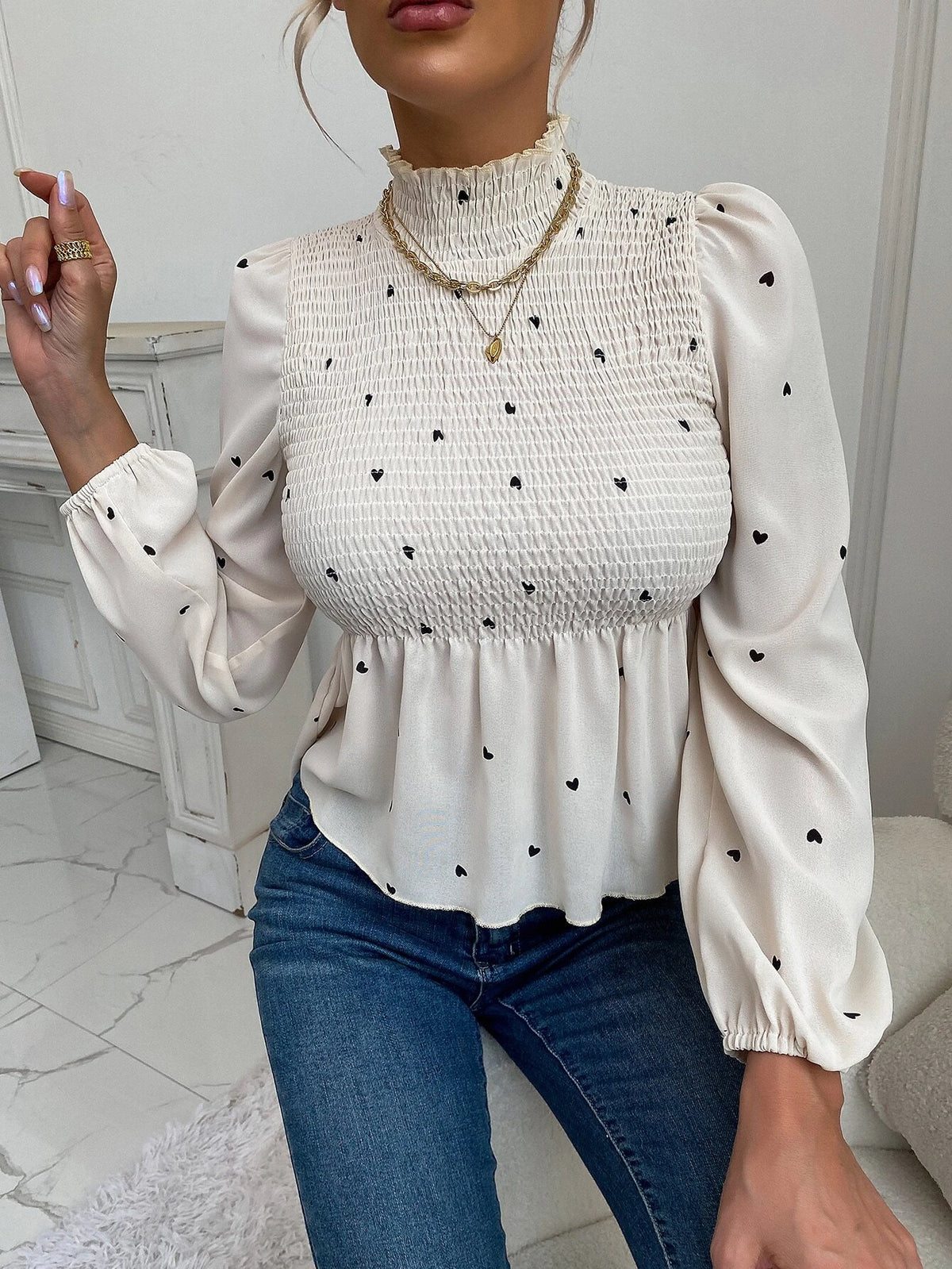 Heart Print Shirred Bishop Sleeve Stand Collar Blouse