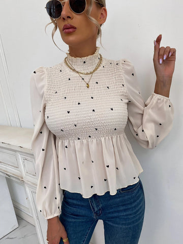 Heart Print Shirred Bishop Sleeve Stand Collar Blouse