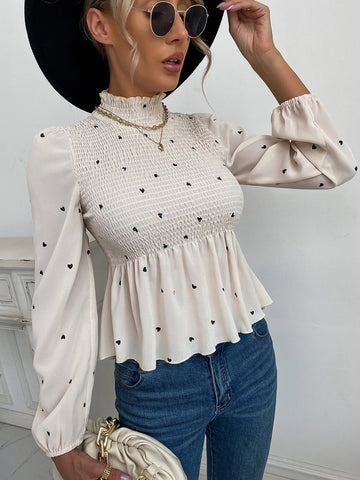 Heart Print Shirred Bishop Sleeve Stand Collar Blouse