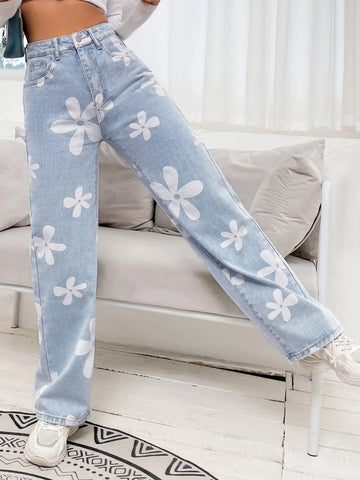 Floral Print High Waist Straight Leg Jeans