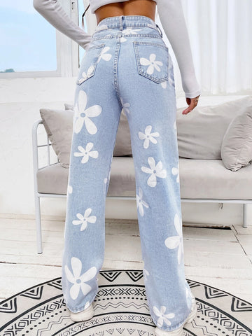 Floral Print High Waist Straight Leg Jeans