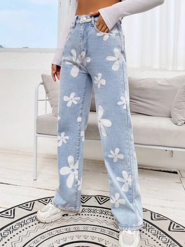 Floral Print High Waist Straight Leg Jeans