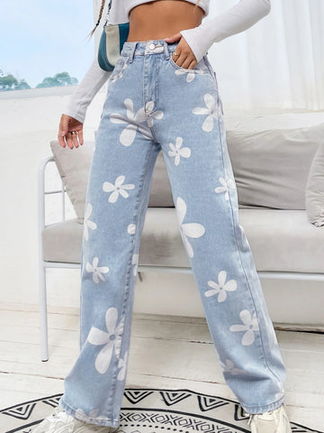 Floral Print High Waist Straight Leg Jeans