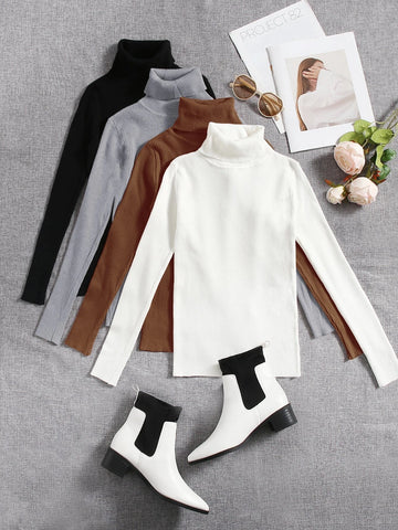 4pcs Solid Turtleneck Ribbed Knit Sweater