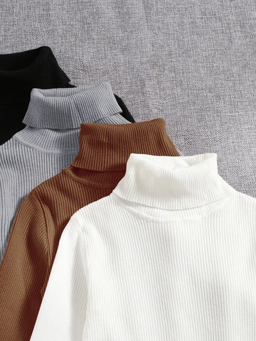 4pcs Solid Turtleneck Ribbed Knit Sweater