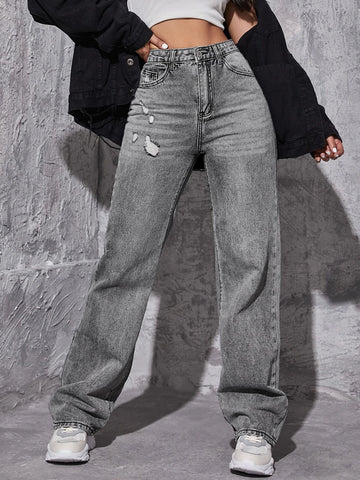 High Waist Ripped Straight Leg Jeans