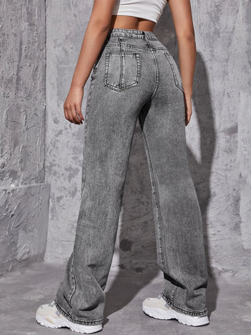 High Waist Ripped Straight Leg Jeans