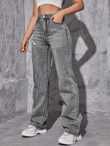 High Waist Ripped Straight Leg Jeans