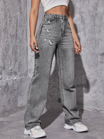 High Waist Ripped Straight Leg Jeans