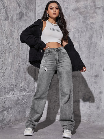 High Waist Ripped Straight Leg Jeans