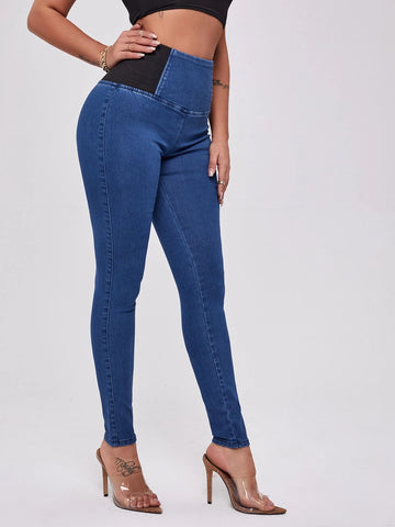 Curvy Color Block Wide Waist Jeans
