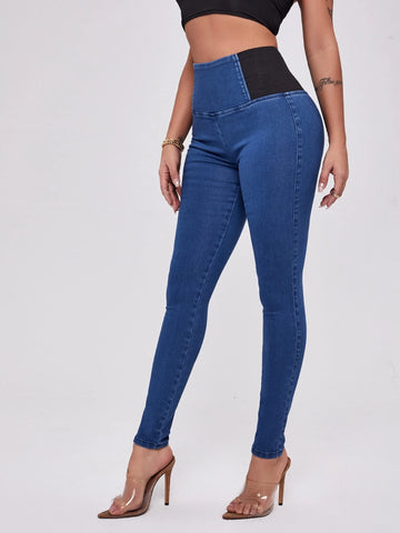 Curvy Color Block Wide Waist Jeans
