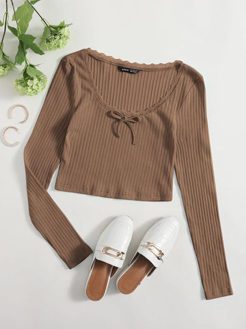 Lace Trim Bow Front Rib-knit Tee
