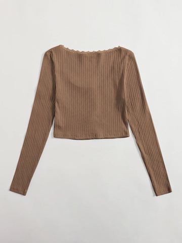 Lace Trim Bow Front Rib-knit Tee