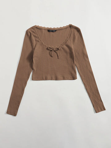 Lace Trim Bow Front Rib-knit Tee
