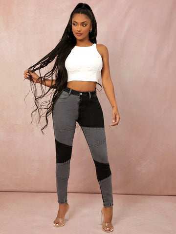 SXY Zipper Fly Patchwork Skinny Jeans