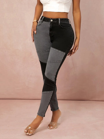 SXY Zipper Fly Patchwork Skinny Jeans
