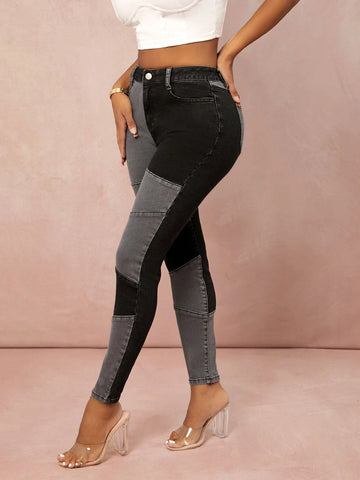 SXY Zipper Fly Patchwork Skinny Jeans