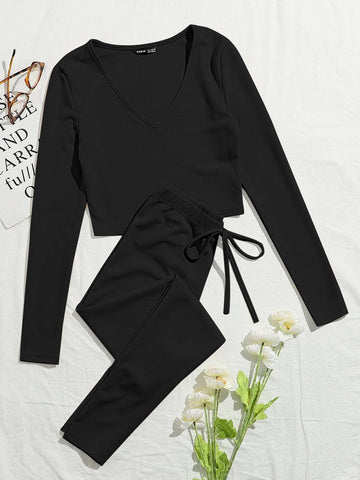 V-neck Rib-knit Solid Tee and Knotted Waist Leggings Set