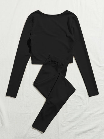V-neck Rib-knit Solid Tee and Knotted Waist Leggings Set