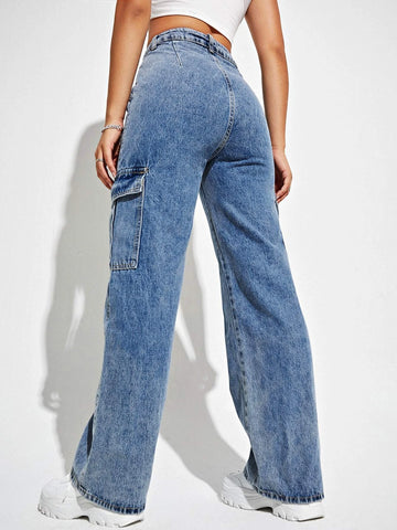 High Waisted Flap Pocket Cargo Jeans