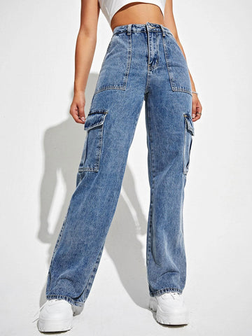 High Waisted Flap Pocket Cargo Jeans