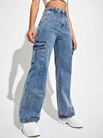 High Waisted Flap Pocket Cargo Jeans