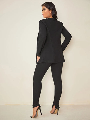Solid Open Front Blazer & Slit Hem Pants