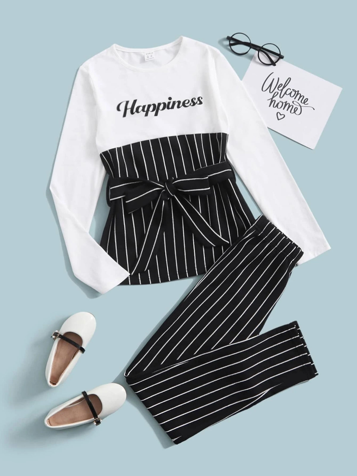 Girls Striped Letter Graphic Belted Top & Pants