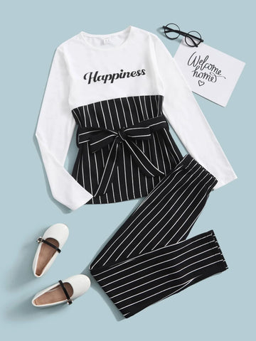 Girls Striped Letter Graphic Belted Top & Pants