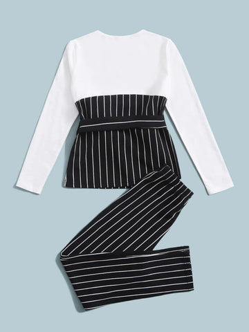 Girls Striped Letter Graphic Belted Top & Pants