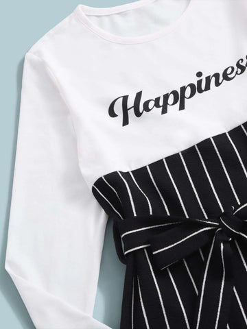 Girls Striped Letter Graphic Belted Top & Pants
