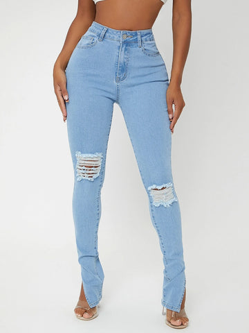 SXY Ripped Frayed Split Hem Skinny Jeans
