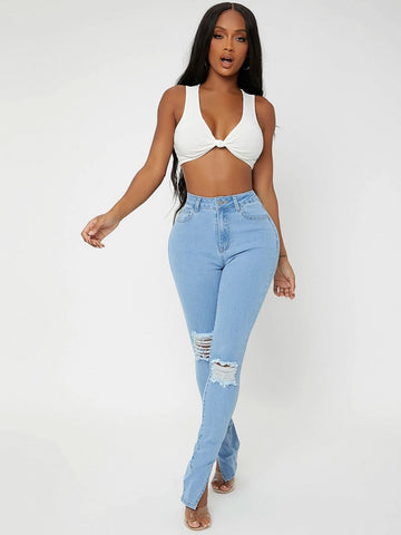 SXY Ripped Frayed Split Hem Skinny Jeans