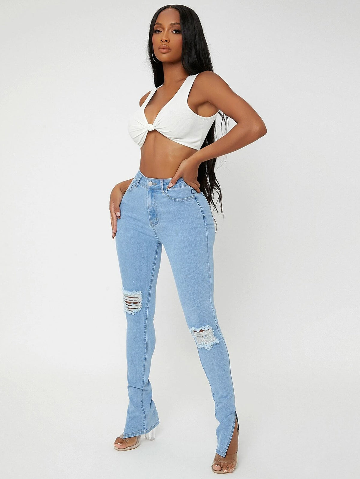 SXY Ripped Frayed Split Hem Skinny Jeans