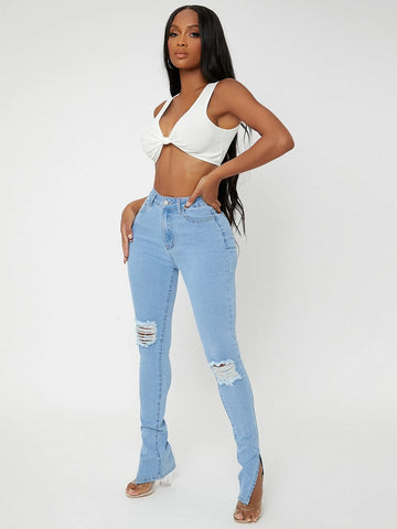SXY Ripped Frayed Split Hem Skinny Jeans