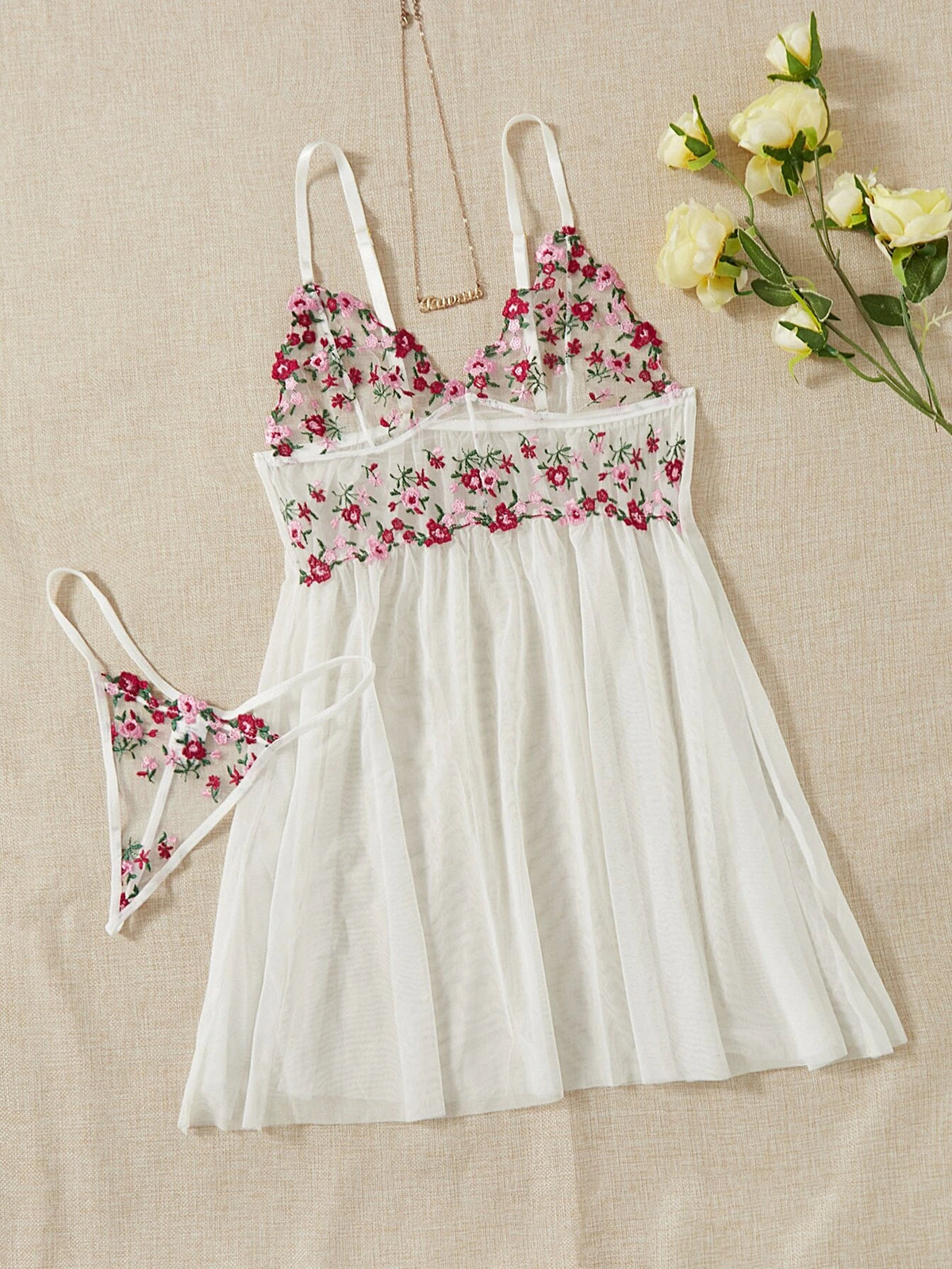 Floral Embroidery Mesh Slips With Thong