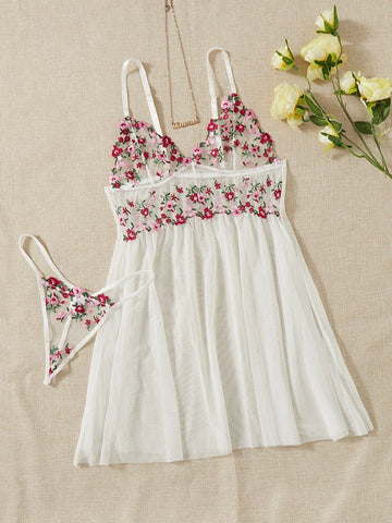 Floral Embroidery Mesh Slips With Thong