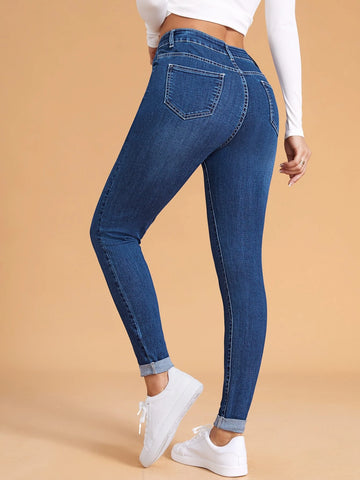 Cat Whisker Washed Rolled Hem Skinny Jeans