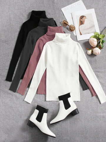 4pcs Solid Turtleneck Ribbed Knit Sweater