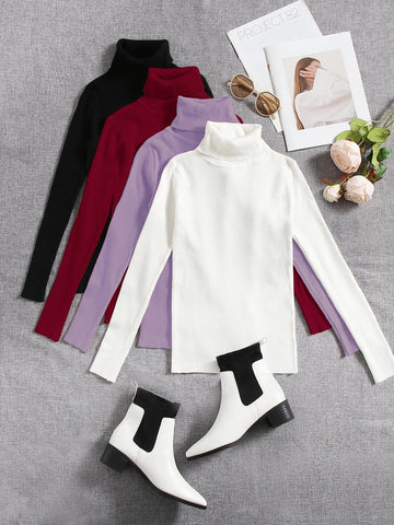 4pcs Solid Turtleneck Ribbed Knit Sweater