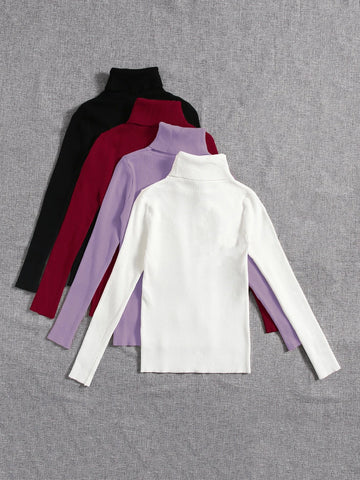 4pcs Solid Turtleneck Ribbed Knit Sweater